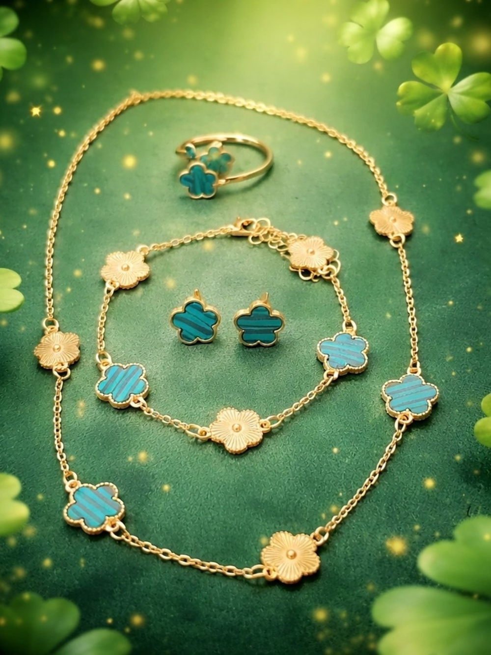 Gold Flower-Accented Green Jewelry Set - Women